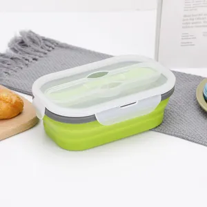 Opvouwbare Siliconen Lunchbox Enkelvoudige Draagbare Voedselcontainer Met Vork Geschikt voor Magnetron Bento Box Voor Volwassenen