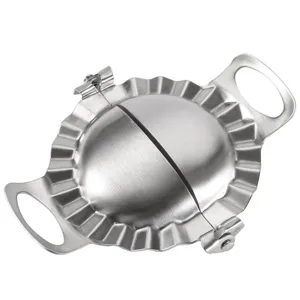 Stainless steel dumpling maker press mold, easy manual pastry tool for home kitchen use.