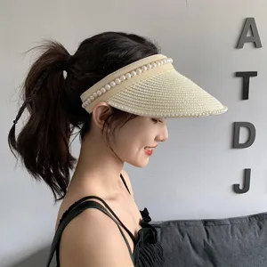 Damen Perlen Stroh Sonnenblende Sommer Strand leere Oberseite UV-Schutz Sonnenhut Mode Kappe