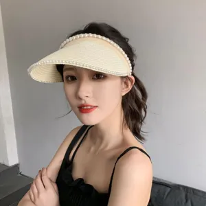 Modischer Beiger Stroh Sonnenvisier Hut mit perlen, perfekte strand sommer accessoire für damen.