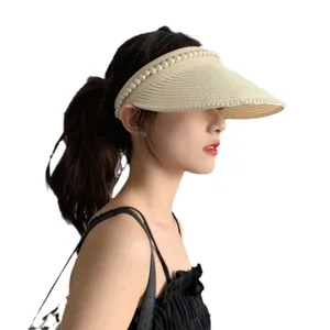 Damen Stroh Sonnenblende Hut mit Perlen Sommer Strand UV Schutz leerer Top Hut stilvoll neu