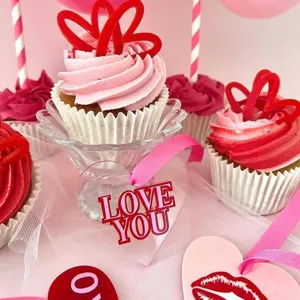 Acrylic Valentine's Day heart cupcake toppers LOVE YOU cake decoration party supplies detail.