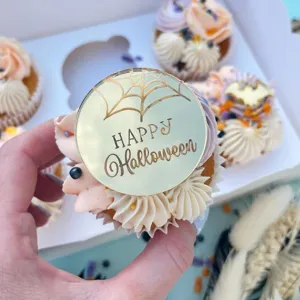 Acrylic Halloween cupcake topper with mirror finish and spider web design for party decoration