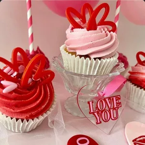 Valentine acrylic heart cupcake toppers and LOVE YOU tags for romantic party dessert decor