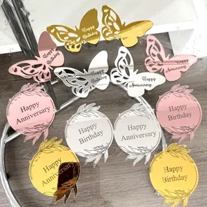 Laser Cut Acrylic Cake Topper Happy Birthday Happy Anniversary Butterfly Floral Ring Desserts Table Party Decoration