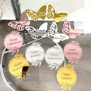 Acrylic cake toppers set featuring butterfly and round wreath designs with happy birthday text.