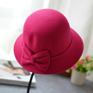 Magenta wool felt cloche hat with elegant side bow, retro bowler hat for autumn winter.
