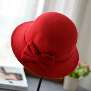 Red Dome Wool Felt Bowler Hat Autumn Winter Fashion Basin Hat Casual Elegant Retro Fedora