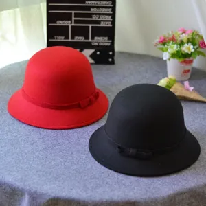 Women Vintage Dome Bucket Hat British Style Retro Fedora Bowknot Casual Elegant Solid Color Polyester Hat