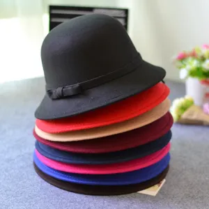 Colorful wool felt bucket hat retro bow jazz hat stack for autumn and winter fashion wear