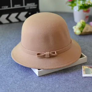 Camel wool felt cloche hat for women, elegant dome bowler hat with sweet bow detail for autumn.