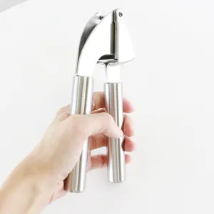 Stainless steel garlic press detail view showing ergonomic handle and sturdy metal construction.