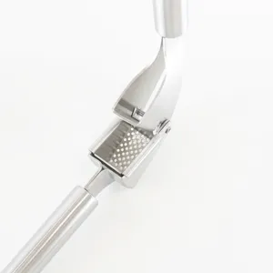 Stainless steel garlic press kitchen tool detail showing the metal mesh and ergonomic handle.