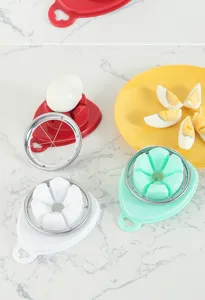 Multi-color flower egg slicer detail shot showcasing stainless steel wire cutting blades and sliced eggs.