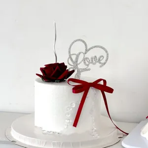 Valentine Day rhinestone Love cake topper ballet style red rose ribbon candle decor