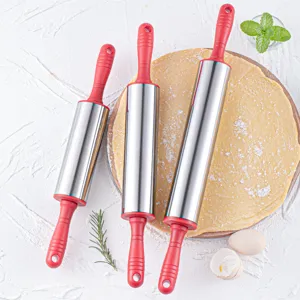 Stainless steel rolling pin set with red handles for baking dough, pastry, and dumpling wrappers.