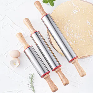 Stainless steel rolling pin with wooden handle set for baking dough and kitchen cooking