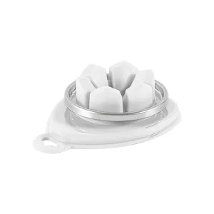 Flower egg slicer kitchen tool, white plastic base with stainless steel ring for easy cutting.