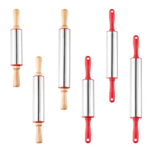 Stainless steel rolling pin with wooden and red handles for baking, dumplings, and pastry.