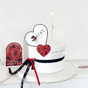 Valentine cake topper set with rose heart cards and ribbon for romantic baking decoration.