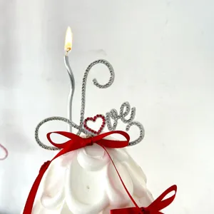 Rhinestone Love Cake Topper with Red Ribbon and Candle Valentine's Party Decoration