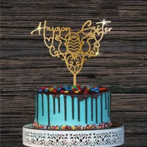 Gold Acryl Osterkuchen Topper mit niedlichem Hasen und Ei Design fuer festliche Party Desserts.