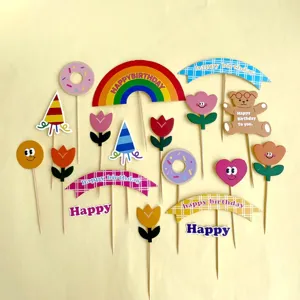 Niedliche Tortenaufleger aus Papier im koreanischen Stil mit bunten Motiven für Geburtstagsfeiern.