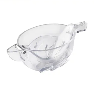 Clear plastic manual lemon squeezer detail, portable fruit juicer press for kitchen cooking.