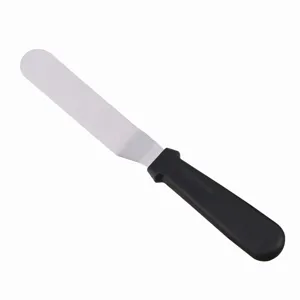 Stainless steel offset icing spatula with black plastic handle for cake decorating and baking.