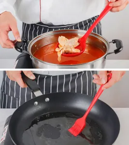 Rotes Silikon Küchenutensilien Set Detailansicht, mit Schaumlöffel und Pinsel zum Kochen.