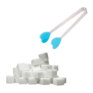 Stainless steel mini food tong with blue silicone heart tips, perfect for sugar cubes and ice.