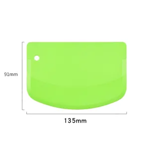 Green plastic dough scraper detail showing 135mm width and 91mm height dimensions clearly.