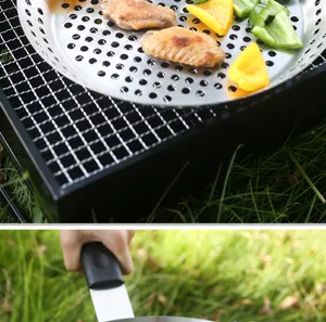 Stainless steel BBQ grill pan for outdoor camping, durable perforated round basket for food.