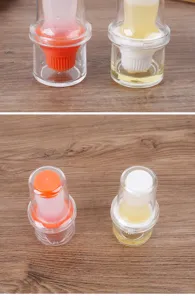 Silicone oil bottle and brush detail view showing the clear container and soft bristle head.