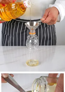 Stainless steel mini funnel set for oil, vinegar, and spice filling. Compact kitchen tool.