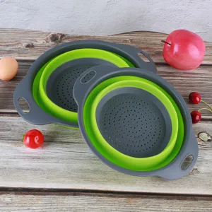 Collapsible silicone colander 2 piece set round draining fruit basket for kitchen use