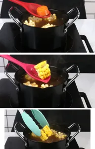 Silicone kitchen utensil detail showing heat resistant slotted spoon and tongs in cooking use.