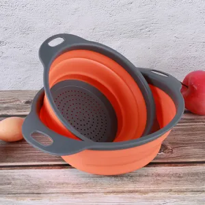 Collapsible silicone colander set of 2, round folding drain basket for kitchen fruit washing.