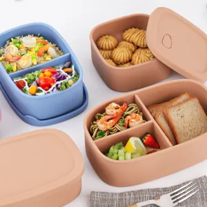 Portable silicone bento lunch box set with compartments, microwave safe food storage container.
