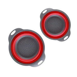 Collapsible silicone colander set of 2, folding kitchen fruit vegetable strainer draining basket.