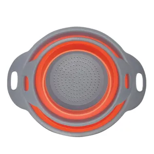 Collapsible silicone colander set, round folding fruit drain basket for kitchen use.