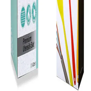 Colorful silicone kitchen utensils set packaging detail showing premium tools design and features.