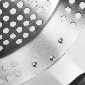 Stainless steel BBQ grill pan round pizza tray with riveted handle for outdoor camping cooking.