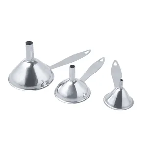 Stainless steel funnel set of three mini kitchen funnels for oil vinegar spice filling.