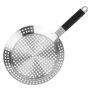 Stainless steel round barbecue grill pan with perforated holes and handle for outdoor BBQ pizza.