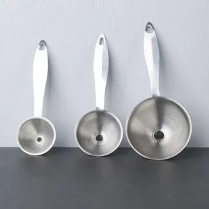 Stainless steel funnel set of three mini funnels for oil, vinegar, and spice filling.