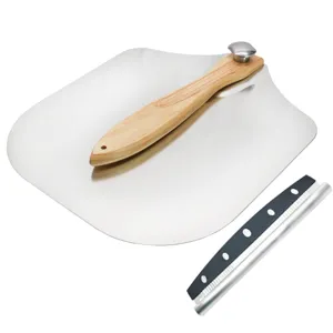 Foldable 12 inch aluminum pizza peel with wood handle and cutter for home kitchen baking