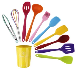Colorful silicone kitchen utensil set with 11 pieces and storage holder for cooking