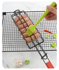 Portable iron grill basket with silicone brush for outdoor camping BBQ cooking tools use.