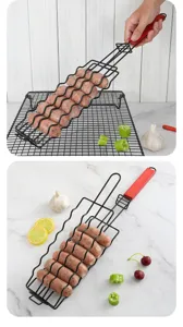 Stainless steel iron BBQ grill basket for sausages hot dogs with wooden handle cooking tool detail view